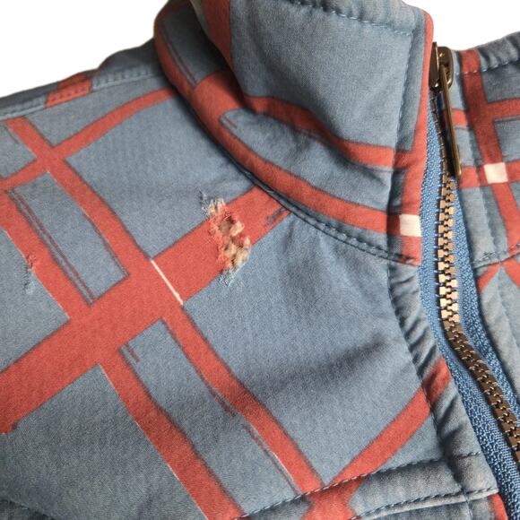 Twist Teal Red Abstract Plaid Vest Sz Med Fleece Lined Pockets Cabin Cottage SEE - Picture 2 of 9